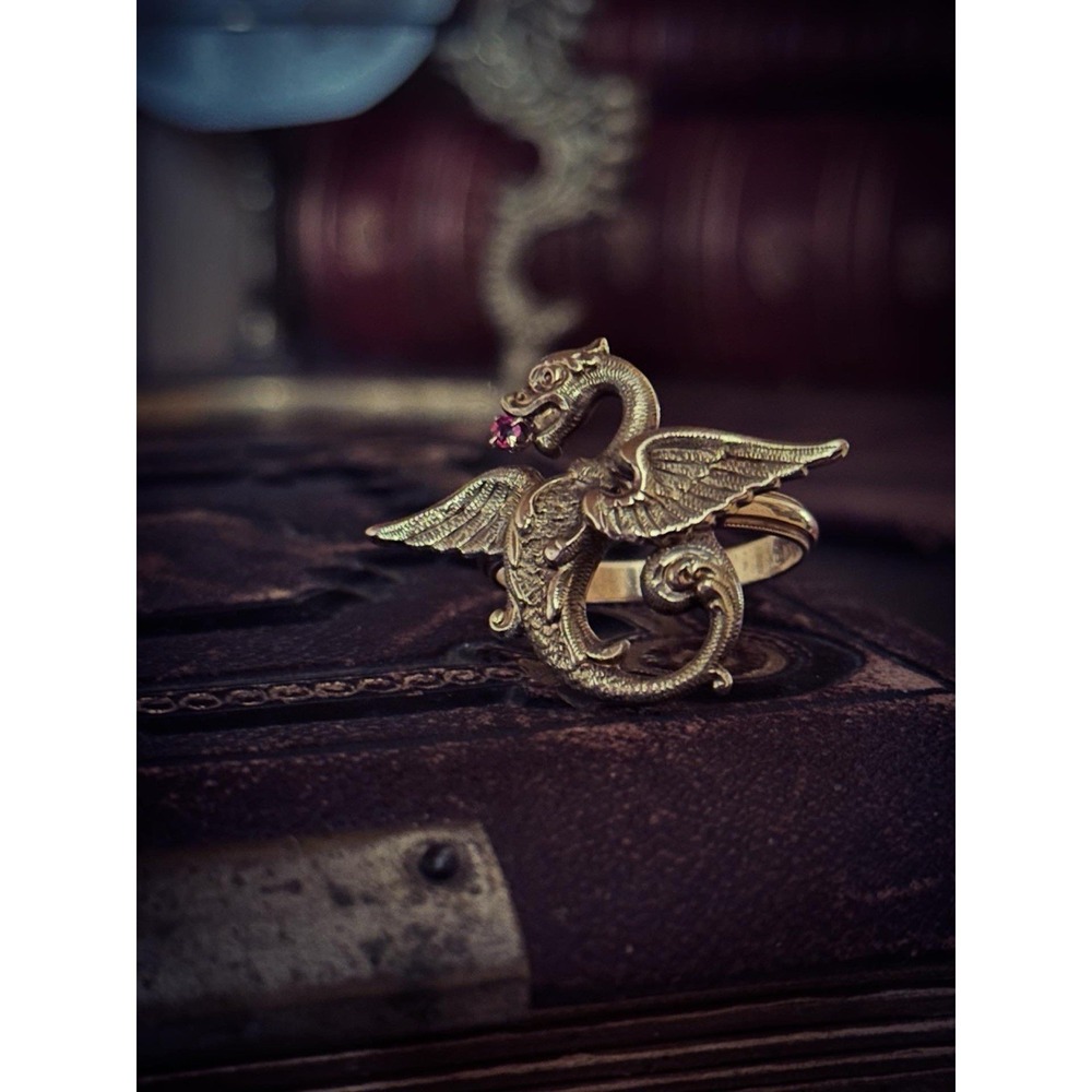 14k & 10k Antique Dragon Ring Conversion Size 10, Fantasy Wyvern Watch Pin Fob